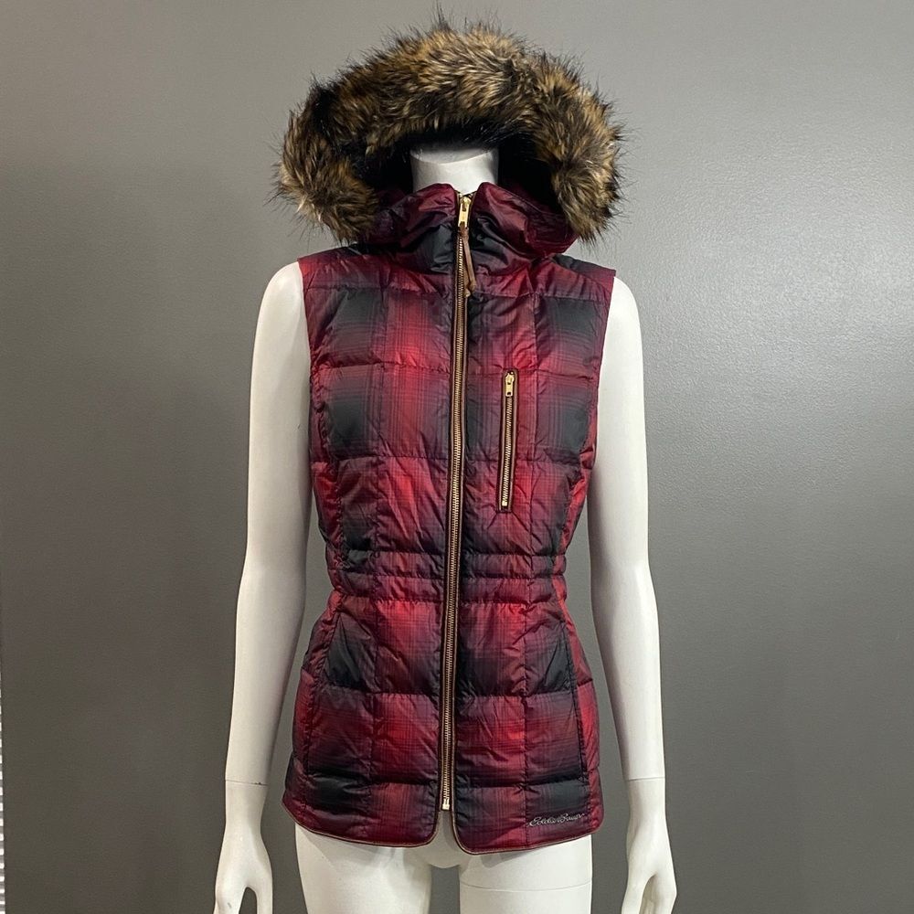 NWT $229 Eddie Bauer Plaid Yukon Storm Repel Vest with Faux Fur Hood Size S